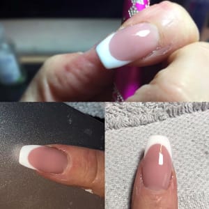 Stages of a sculptured acrylic nail French Style. The base is a skin-neutral colour, tipped off with a bold white tip giving it the name &lsquo;French Tip&rsquo;. The finger is wrapped around an acrylic brush. The second pic is just after acrylic has been applied, before the high-shine buff.