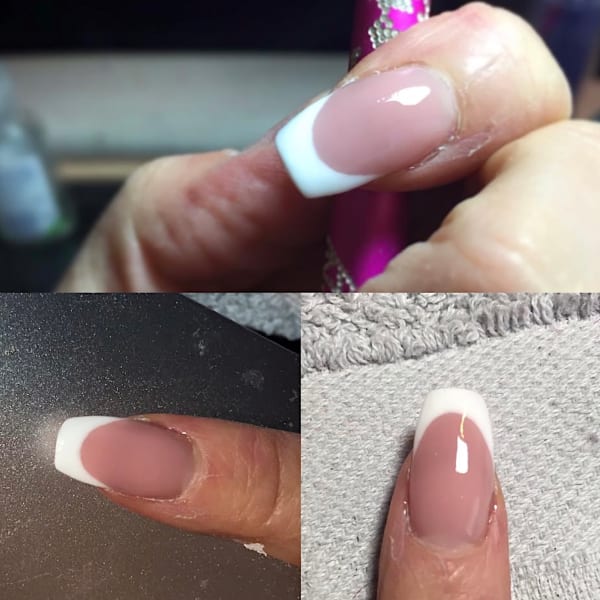 Stages of a sculptured acrylic nail French Style. The base is a skin-neutral colour, tipped off with a bold white tip giving it the name &lsquo;French Tip&rsquo;. The finger is wrapped around an acrylic brush. The second pic is just after acrylic has been applied, before the high-shine buff.