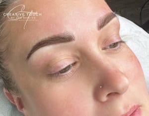 Here&rsquo;s a close-up side view of the client fresh off the needle after treatment. Background white in general showing off lightly shaded brows giving great shape to the face. Hardly any trauma or redness around the treated area because of the light, gentle layering approach.