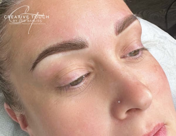 Here&rsquo;s a close-up side view of the client fresh off the needle after treatment. Background white in general showing off lightly shaded brows giving great shape to the face. Hardly any trauma or redness around the treated area because of the light, gentle layering approach.