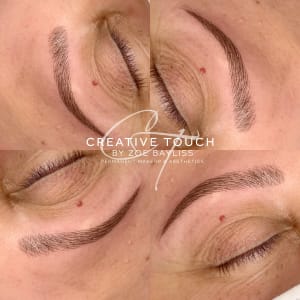 A collage of close-up images showing an Asian client who had lost her hair and her confidence. We did a realistic light Nanoblade treatment so as not to draw too much attention to her brows. Perfection