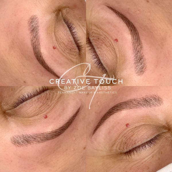 A collage of close-up images showing an Asian client who had lost her hair and her confidence. We did a realistic light Nanoblade treatment so as not to draw too much attention to her brows. Perfection