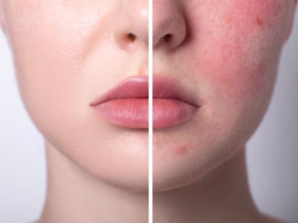 A split before and after of rosacea treatment: a close-up of a young woman's face