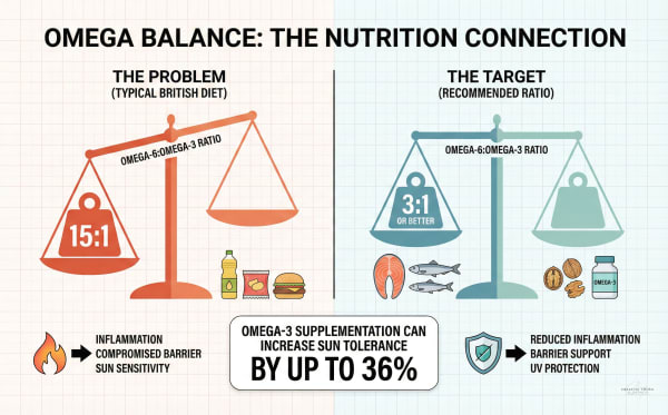 Infographic showing balance scale ratio comparison demonstrating omega-6:omega-3 imbalance between typical Western diet 15:1 ratio and ideal, balanced 3:1 ratio