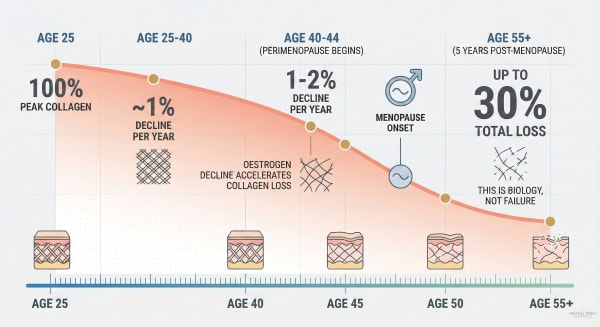 Infographic showing the decline in skin collagen with a timeline showing collagen levels from age 25 to menopause+5 years