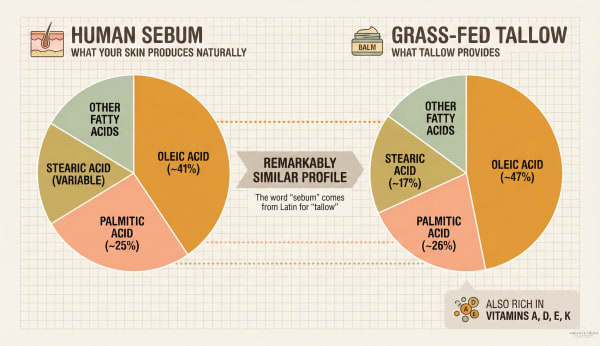 Infographic showing the fatty acid profile similarity between human sebum and grass-fed tallow