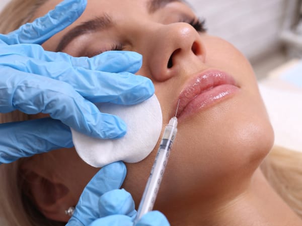Close-up of a young woman receiving lip filler injections from an aesthetician