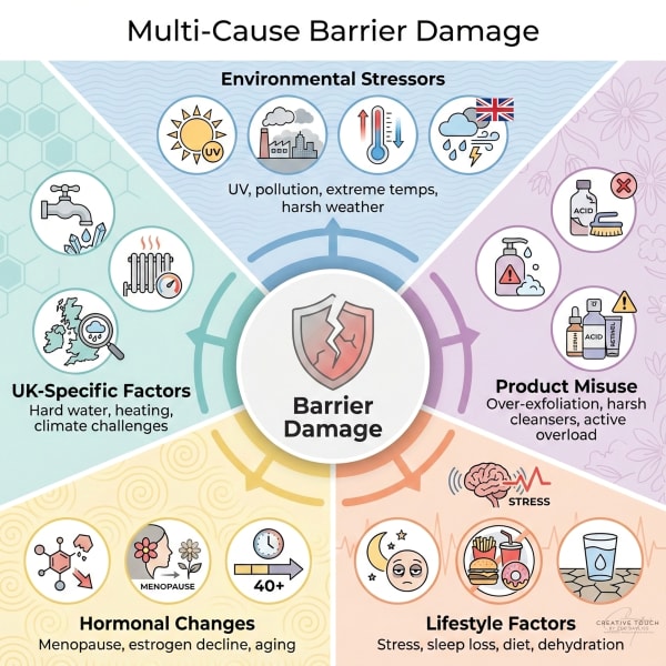 Comprehensive infographic showing multiple causes of skin barrier damage including environmental stressors (UV, pollution, weather), product misuse (over-exfoliation, harsh cleansers), lifestyle factors (stress, poor sleep, diet), hormonal changes, and UK-specific challenges (hard water, central heating)