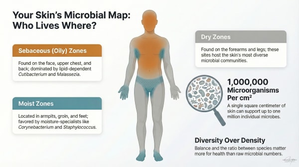 Body map showing three skin microbiome zones: oil-rich areas like the face dominated by Cutibacterium and Malassezia, moist areas like the armpits with Corynebacterium and Staphylococcus, and dry areas like the forearms with the most diverse community