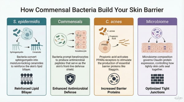 Four-panel diagram showing how skin commensal bacteria support the barrier: S. epidermidis produces ceramides, commensals train immune defences, C. acnes signals lipid production, and the microbiome governs tight junction proteins