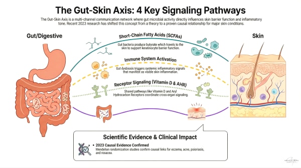 Diagram showing four communication pathways between the gut and skin: short-chain fatty acids, immune activation signals, vitamin D receptor signalling, and aryl hydrocarbon receptor signalling