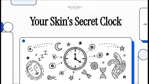 Thumbnail with the headline &lsquo;Your Skin&rsquo;s Secret Clock&rsquo; above a sketch-style clock surrounded by sleep/night icons, stars, and skincare-themed doodles on a clean white background with bold blue accents.