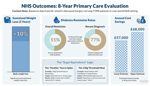 An infographic summarising Dr. David Unwin's 8-year clinical study of a low-carbohydrate lifestyle in a UK GP practice. The visual highlights key outcomes including Type 2 Diabetes remission for 51% of patients, significant long-term weight loss, and financial savings for the NHS