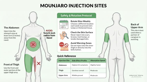 Infographic showing approved injection sites for Mounjaro (tirzepatide): abdomen, front of thigh, and back of upper arm. Includes front and back anatomical silhouettes with highlighted zones. A safety protocol section advises weekly site rotation and avoiding damaged skin.