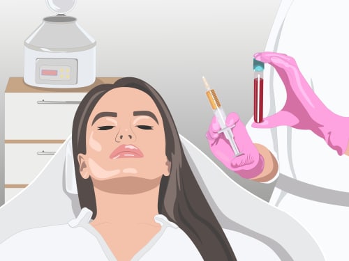 Illustration of a clinical setting showing a patient lying down while a gloved clinician holds a syringe containing Platelet-Rich Plasma (PRP) and a small vial of blood, with a centrifuge visible in the background.
