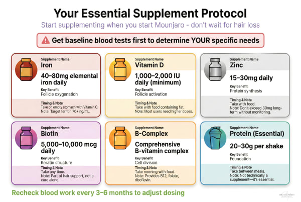 Infographic visual guide showing supplement bottles with dosing information at a glance. Serves as shopping list and daily reference