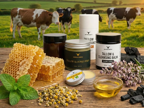 A rustic outdoor scene featuring Ancestral Cosmetics' tallow skincare line, including Tallow & Honey Balm, Tallow & Cleansing Balm, Lip Balm, and Deodorant. The products are arranged on a wooden surface alongside natural ingredients like fresh honeycomb, 