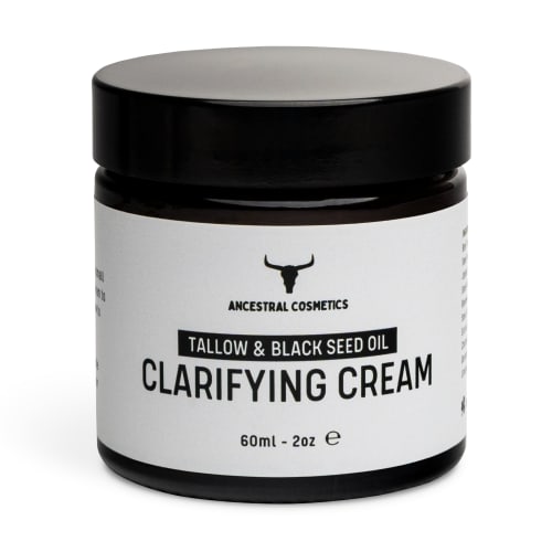 Ancestral Cosmetics Clarifying Cream, a white product in a small jar with a dark brown label and black lid, centred on a white background.