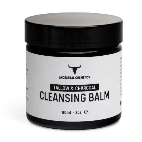 Ancestral Cosmetics Tallow & Cleansing Balm in a wide, dark amber glass jar with a black label and black lid, centred on a white background.