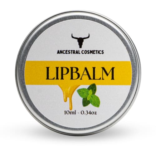 Ancestral Cosmetics Lip Balm, a small round tin with a silver base and lid, centred on a white background.