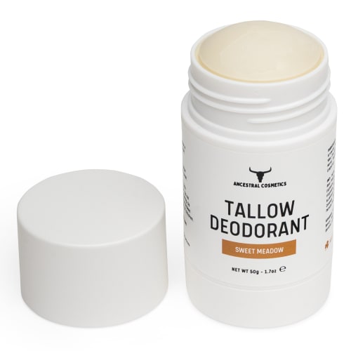 Ancestral Cosmetics Tallow Deodorant stick in a tall, white push-up tube packaging, centred on a white background.