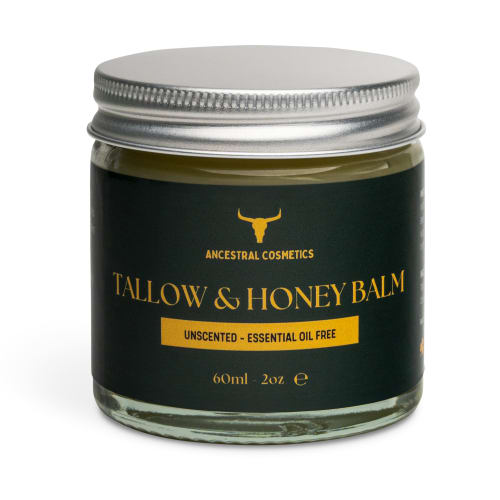 Ancestral Cosmetics Unscented Tallow and Honey Balm in a glass jar with a white label and silver lid, centred on a white background.