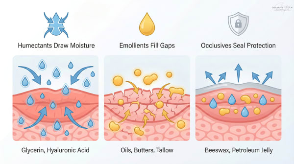 Infographic showing how humectants draw moisture, emollients fill gaps between cells, and occlusives seal in hydration on lip tissue