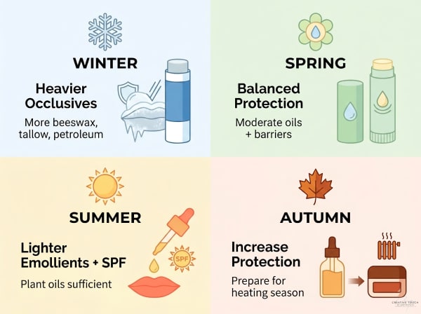 Seasonal guide showing recommended lip care adjustments from light oils in summer to heavier occlusives in winter