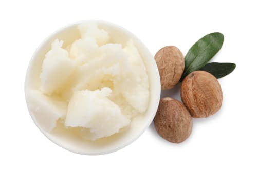 A bowl of natural shea butter, next to shea butter nuts and leaves