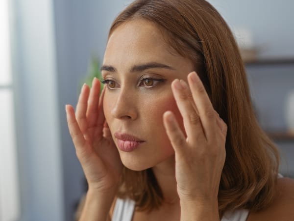 Woman gently examining her facial skin with both hands, assessing skin texture and condition in a softly lit room.