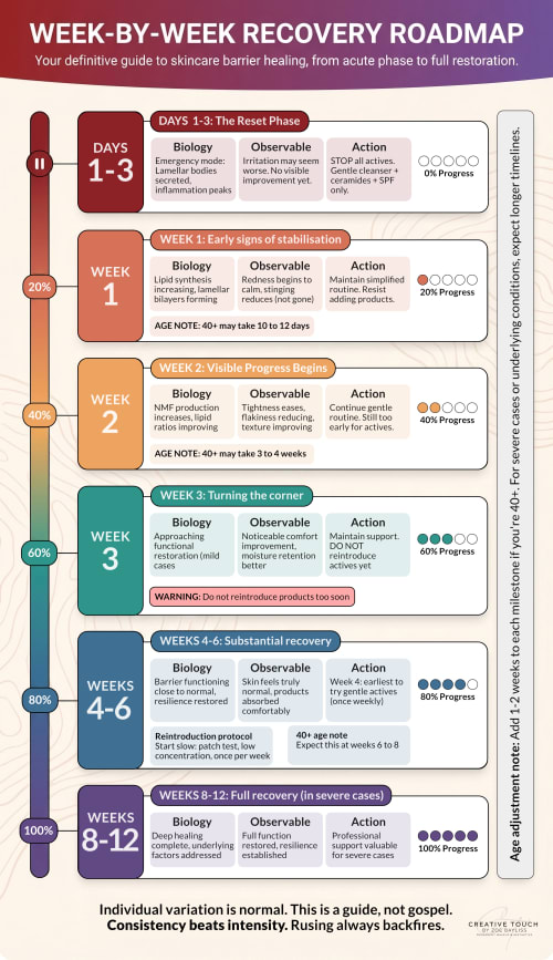 Comprehensive week-by-week roadmap for skin barrier repair showing biological processes, observable symptoms, action items, and progress markers from day 1 through week 12, with age adjustments for those over 40