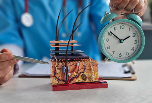 A dermatologist holds an old-fashioned alarm clock next to a 3D cutaway model the dermis and epidermis
