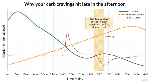 Chart showing three biological curves converging at 4pm: cortisol at its daily low, circadian appetite ascending, and blood glucose crashing after a high-GI lunch, the precise collision that drives the afternoon carb craving