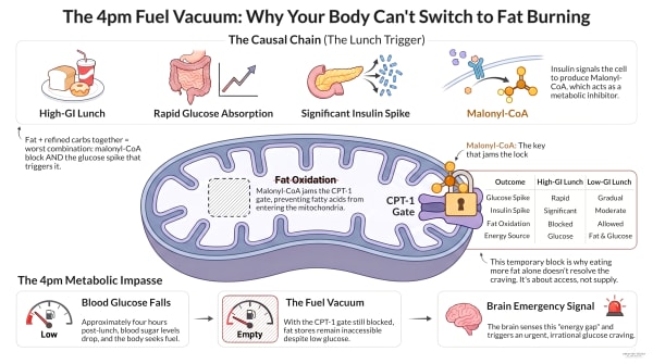 Process diagram showing how a high-GI lunch triggers an insulin spike that causes malonyl-CoA to block the CPT-1 gate on the mitochondria, preventing fat burning and creating the 4pm fuel vacuum