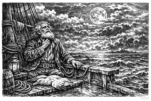 Black‑and‑white pen‑and‑ink illustration of the Ancient Mariner aboard his becalmed ship under a full moon. The aged sailor, gaunt and hollow‑eyed, clutches his throat as he gazes upward, surrounded by ropes, lantern, and a dead albatross on the deck. The sea lies motionless beneath a storm‑lit sky, evoking the line 'Water, water, every where, nor any drop to drink.'