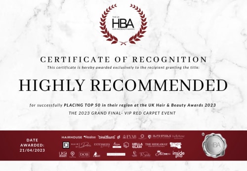 Copy of award certificate: Highly Recommended UK Hair and Beauty Awards 2023