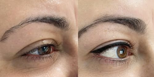 A before and after of a client with semi-permanent eyeliner showing how the eyeliner brings depth to her eyes