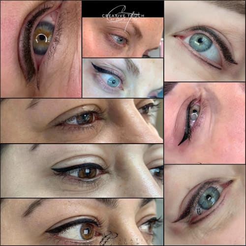 A collage of images showcasing our different semi-permanent eyeliner styles on clients