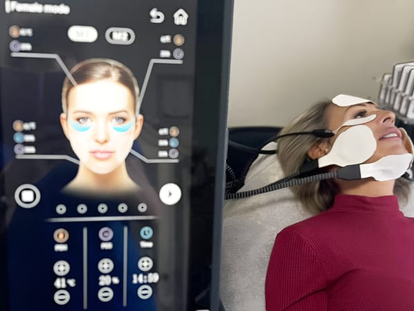 A client undergoing PeFace treatment. In the foreground is a close-up of the PeFace control pad. In the background the client is lying on the treatment bed with the PeFace pads attached to her forehead, cheeks and the underside of her chin.