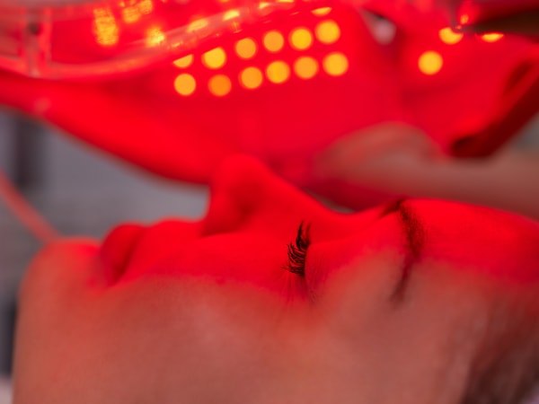 Portrait of a woman bathed in red light from an LED light Therapy mask