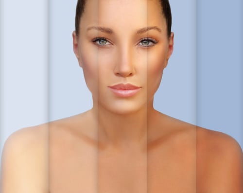 Split image of a model showing gradually increasing tan strength after multiple tanning sessions