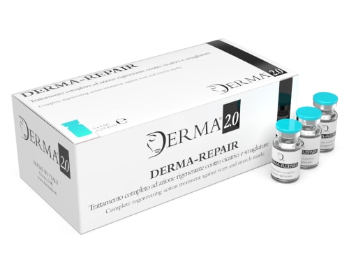 Derma-Repair mesotherapy solution packaging. 3 vials with aqua blue caps are sat next to it.